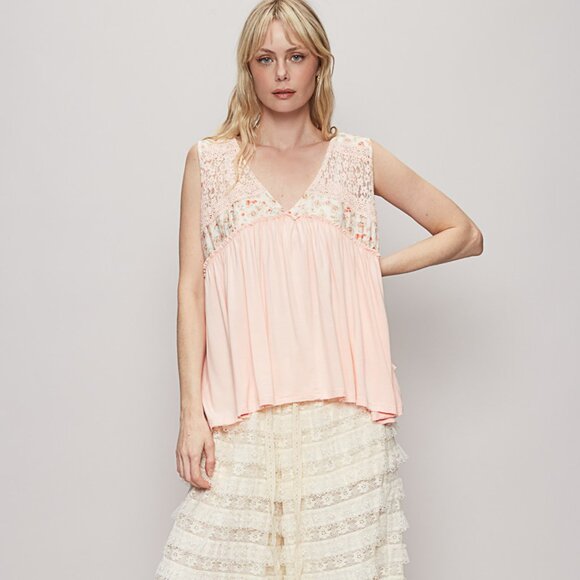 POL Tops - POL Soft Pink Whimsical Floral Lace Jersey Top
